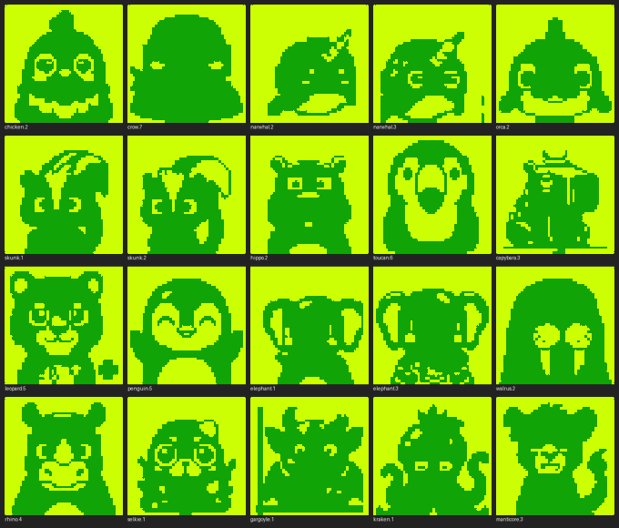 A 4x5 grid of pixelated green characters on lime green backgrounds, each labeled (chicken2, crab7, narwhal2, narwhal3, orca2, skunk1, skunk2, hippo2, shuppet6, rayquaza1, kogers5, penguin5, elephant1, elephant2, squid3, rhino4, wicka1, gargoyle1, kraken1, manticore3).