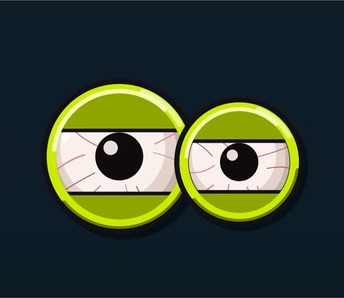 A pair of cartoonish green eyeballs with bloodshot details stare out from a dark background, symbolizing the watchful scrutiny of NFT collectors. The post lists several NFT mint opportunities with their respective prices and supply numbers, reinforcing the image's theme of "keeping an eye out" for free or low-cost mints.