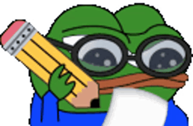 A cartoon Pepe frog wearing glasses holds a large pencil while reading a document, playfully depicting the "deep dive" research process into Uniswap v4's hook logic and fee mechanics described in the post.