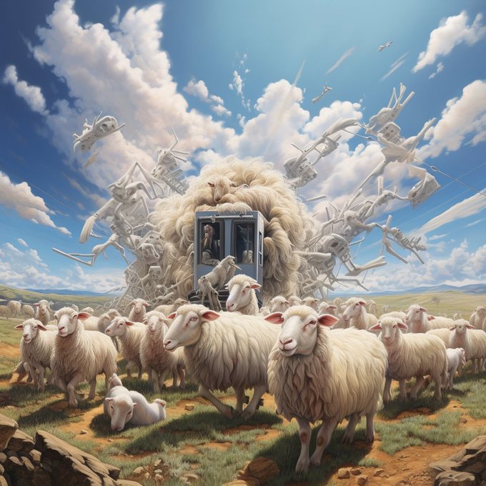 A surreal digital artwork shows a herd of sheep in a field with a massive floating tangle of wool and skeletal structures under a cloudy blue sky.