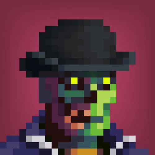 A pixel art portrait of a character with yellow eyes, wearing a black wide-brimmed hat and dark clothing against a dark red gradient background.