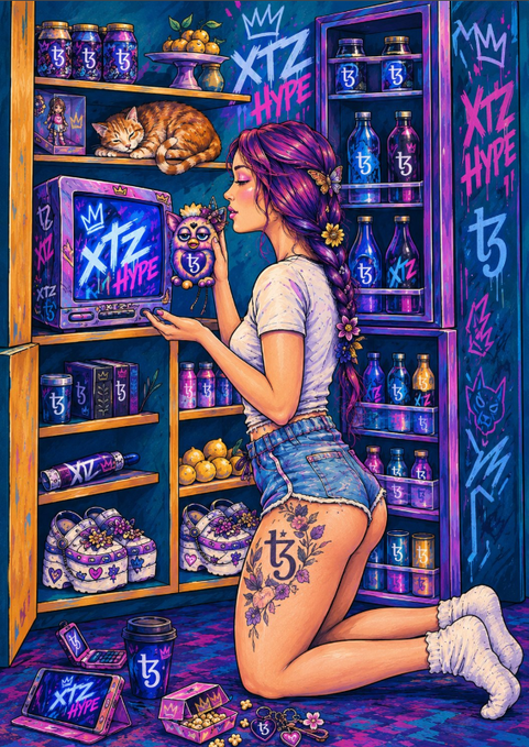 Vibrant graffiti-style digital art featuring a purple-haired woman with flower tattoos kneeling before shelves of XTZ HYPE branded bottles and cans, with a TV displaying the logo and a sleeping orange cat.
