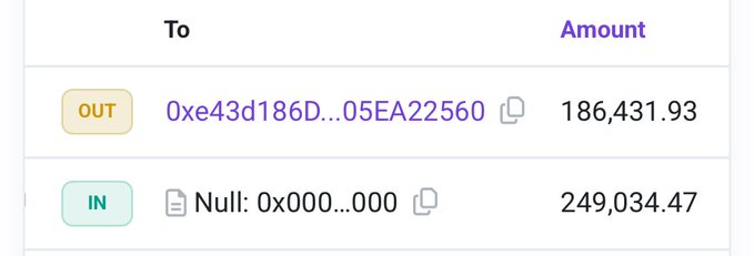 A cryptocurrency transaction interface showing an OUT transfer of 186,431.93 to address 0xe43d186D...05EA22560 and an IN transfer of 249,034.47 from Null: 0x000...000.