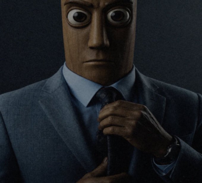 A stylized, wide-eyed wooden mannequin in a blue suit adjusts its tie with a skeptical expression. The image humorously conveys the dubious, "are-you-serious" reaction to the absurdly recursive and convoluted $TripleT (TTT) launchpad concept being pitched.