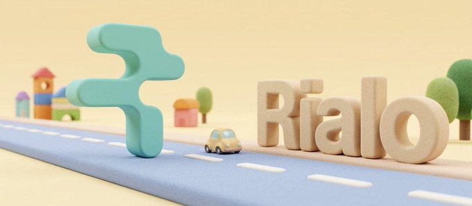 A 3D rendering shows a stylized road scene with a mint green geometric logo, the word "Rialo," a small yellow car, and miniature buildings and trees in the background.