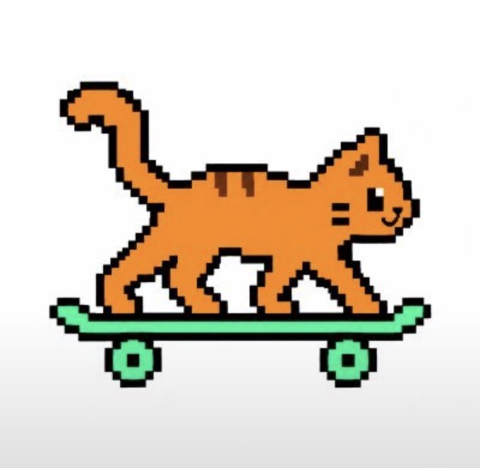 Pixel art illustration of an orange tabby cat riding a green skateboard against a white background.
