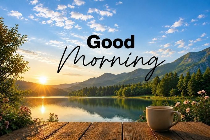 A scenic landscape with a lake, mountains, and sunrise features the text 'Good Morning' overlaid, with a coffee cup sitting on a wooden surface in the foreground.