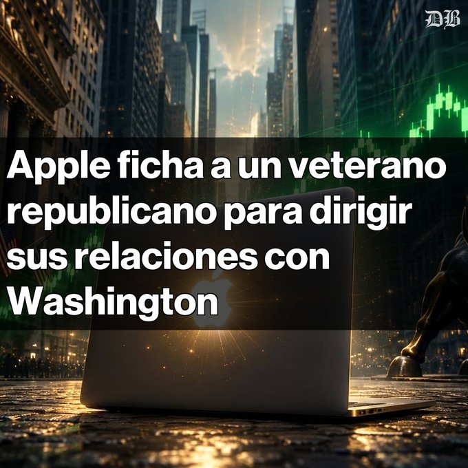 An AI-generated image showing a silver Apple laptop on a wet city street at sunset, with skyscrapers and a green stock chart overlay, featuring the Spanish headline "Apple ficha a un veterano republicano para dirigir sus relaciones con Washington" and a "DB" logo in the corner, illustrating Apple's recruitment of Republican veteran Nate Gatten to lead government affairs in Washington.