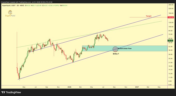 A TradingView 3-day candlestick chart of Hyperliquid (HYPE/USDT) shows the token forming an ascending channel, with the price recently pulling back into a highlighted "Bullish Order Flow" demand zone near $40 marked as a potential "Entry 7," while a red "Target" line sits at the channel's upper boundary around $138 (a potential +206% gain).