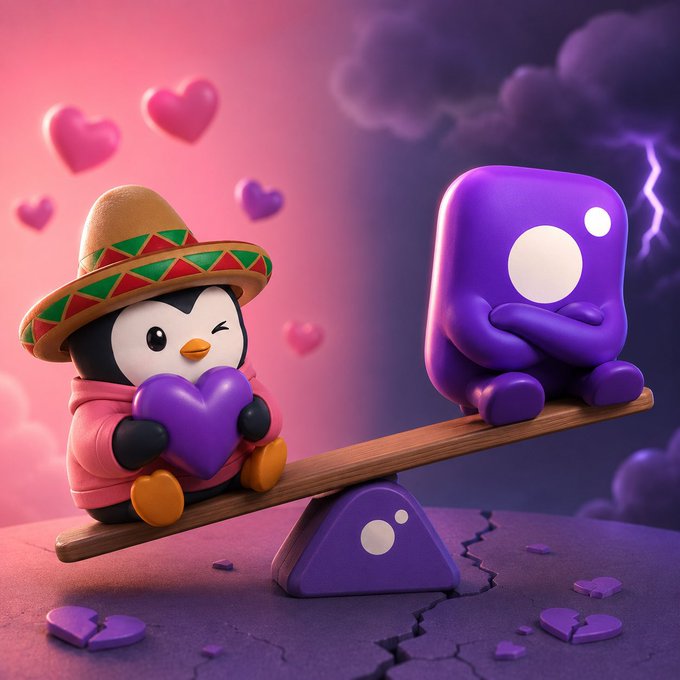 A 3D illustration of a cute penguin wearing a sombrero and poncho holding a purple heart, sitting on a seesaw balanced against a purple blob character, with broken hearts on the ground.