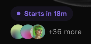 A mobile interface shows a countdown timer displaying "Starts in 18m" above a stack of profile images with "+36 more" text, visually conveying the impending game mode launch mentioned in the post.