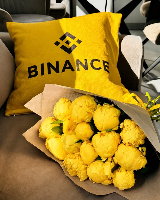 A yellow throw pillow with the Binance logo sits on a couch next to a bouquet of yellow flowers.