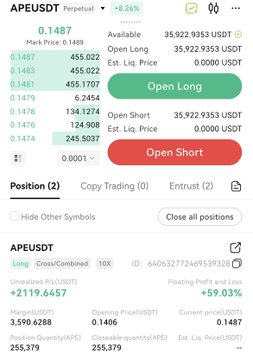 A screenshot of a cryptocurrency trading interface showing an APE/USDT perpetual contract with a +8.26% gain, displaying an open long position with +2,119.6457 USDT in unrealized profit and 59.03% ROI, which supports the post's claim of surpassing the $50,000 account milestone on Day 8 of a $20,000 to $1,000,000 trading journey.