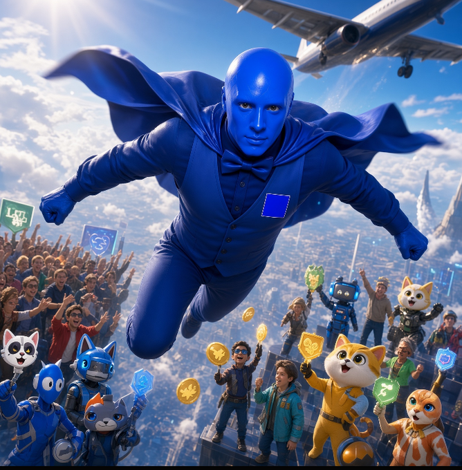 A blue-costumed superhero flying through the sky above a cheering crowd of people, cats, and robots holding tokens, with an airplane visible above.
