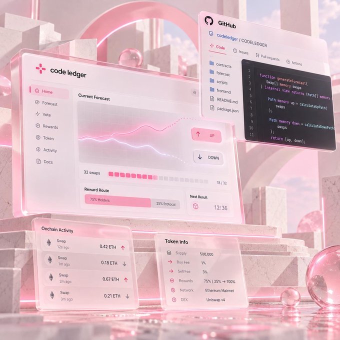 A 3D-rendered promotional graphic for "code ledger" displaying a forecast interface, GitHub code for a contract, onchain activity, and token info with a pink aesthetic.