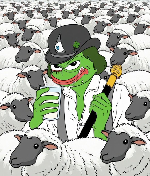 The image shows a cartoon Pepe the Frog dressed as a shepherd, wearing a black hat with a clover and a white robe, drinking from a glass while holding a shepherd's crook, surrounded by a massive flock of sheep. The sheep imagery directly ties to the "$PEPE will be milking this cycle dry" caption, with Pepe playing the role of a shepherd herding and "milking" the flock for profit during the meme coin cycle.