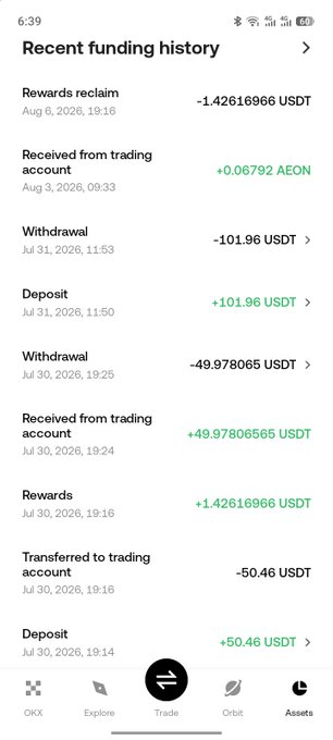 A mobile screenshot of a cryptocurrency wallet's 'Recent funding history' showing various transactions including deposits, withdrawals, rewards, and trading account transfers in USDT and AEON, with the OKX app navigation visible at the bottom.