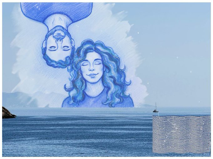 An artistic illustration depicting two serene blue-toned female faces reflected in the sky above a calm ocean, with a small boat and a striped pattern element in the foreground.