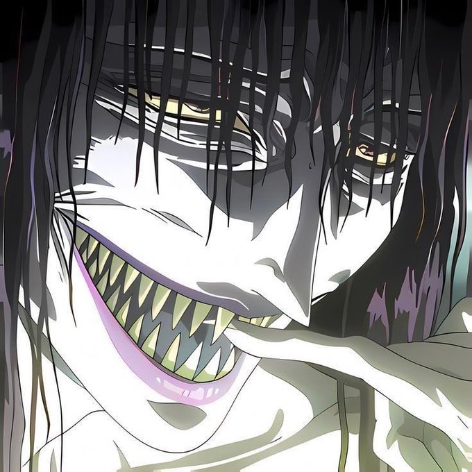 A close-up illustration of a sinister, pale-skinned anime character with long black hair, wide yellow eyes, and a disturbing grin revealing sharp, pointed teeth.