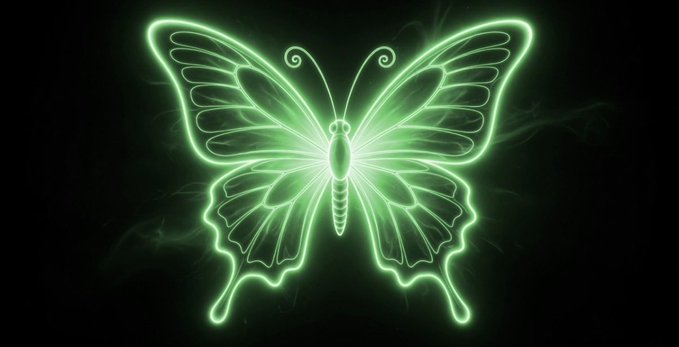A glowing green neon-style butterfly with detailed wings and antennae, radiating light against a black background.