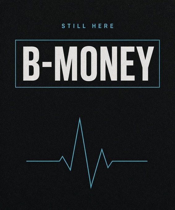 Album cover style graphic with text 'STILL HERE' above a framed 'B-MONEY' title and a heartbeat waveform illustration on a black background.