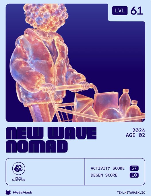 A digital trading card or NFT titled 'NEW WAVE NOMAD' displays a translucent, glass-like figure pushing a shopping cart, with stats 'LVL 61', 'ACTIVITY SCORE 57', 'DEGEN SCORE 10', and the 'MetaMask' logo.
