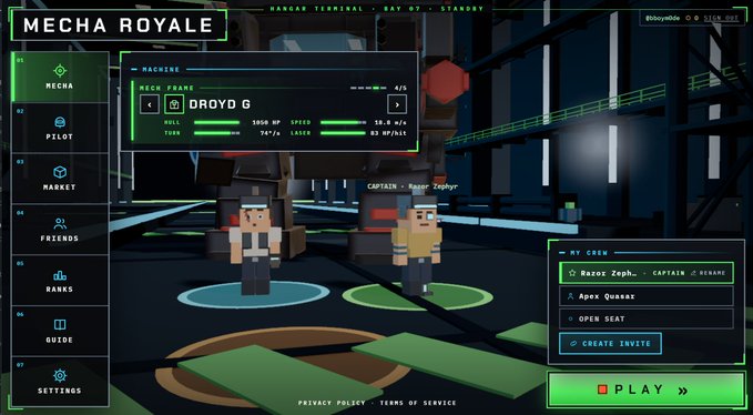A screenshot of the Mecha Royale game menu showing the hangar terminal with a mech named 'DROYD G' and player tags for 'Razor Zeph' and 'Apxx Quasar', with a green 'PLAY' button.