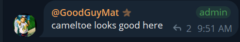 A screenshot of a Telegram message from admin '@GoodGuyMat' that reads 'cameltoe looks good here', sent at 9:51 AM with 2 replies.