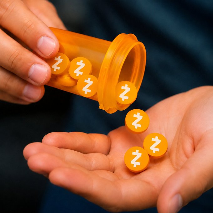 A hand pours orange pills marked with the Zcash 'Z' currency symbol from an orange prescription bottle into another open palm.