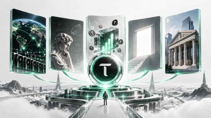 A futuristic digital artwork displays five floating panels showing a world map, classical statue, financial charts, a doorway, and a bank building, centered around a glowing 'T' logo with a small figure standing on a pathway leading toward it.