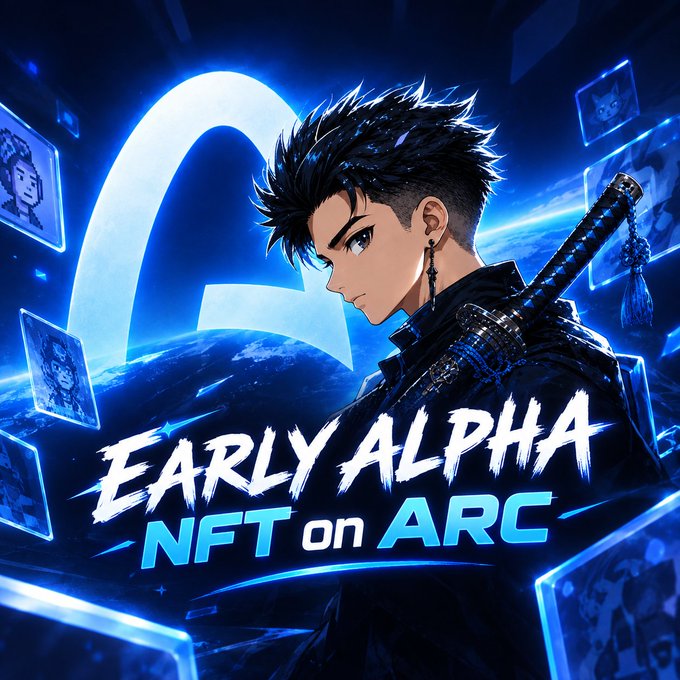 An anime-style promotional graphic features a spiky-haired swordsman character in dark clothing against a blue cosmic background, advertising "EARLY ALPHA NFT on ARC" with floating image panels.