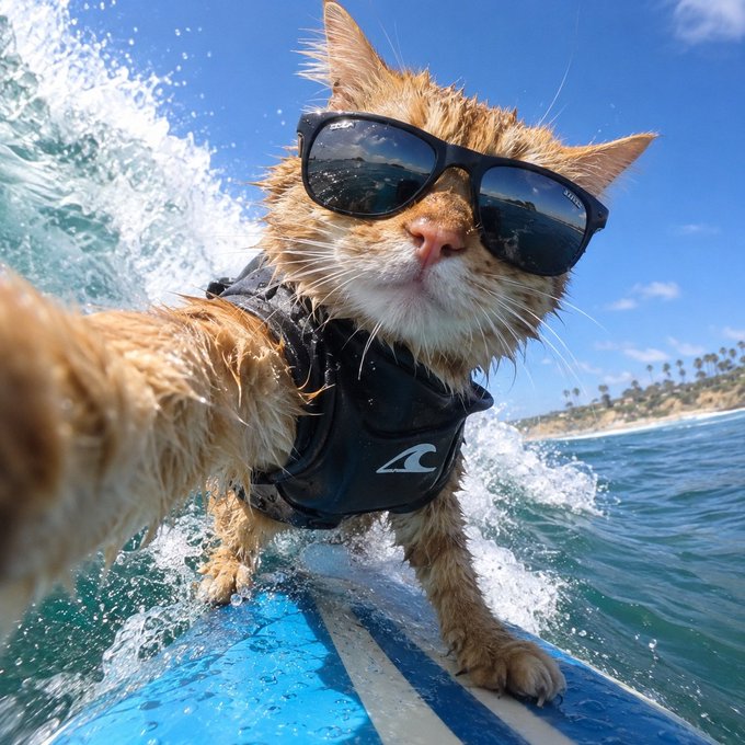 A wet orange cat wearing black sunglasses and a Quiksilver life vest surfs a wave on a blue board, with the coastline visible in the background. The image of this adventurous "selfie"-taking cat fits the post's playful "MILLIONS LOADING $SELFIE" theme, capturing a fun, viral-worthy moment.