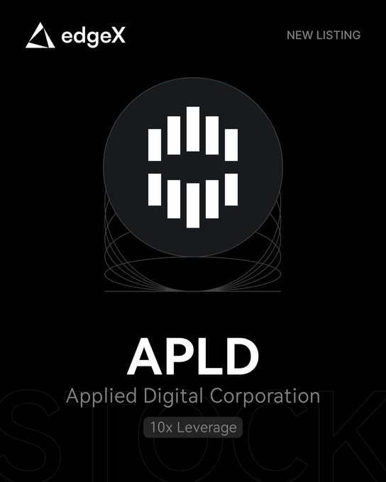 Promotional graphic for the new edgeX listing of the APLD (Applied Digital Corporation) perpetual contract, featuring the edgeX logo and "NEW LISTING" text alongside a dark circular icon with a stylized equalizer design. The image highlights the 10x leverage offering for trading the $APLD token as mentioned in the announcement about this RWA Perp listing.