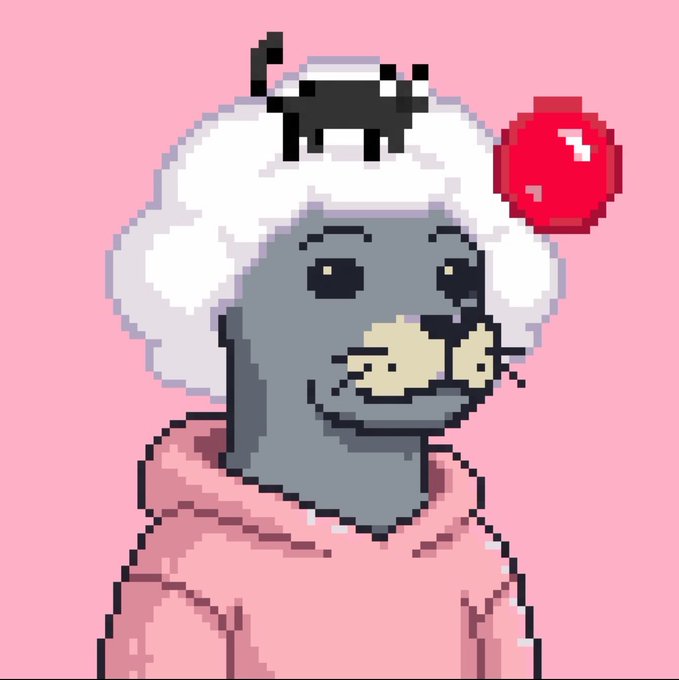 A pixel art illustration of a gray mouse character wearing a pink hoodie and a white chef's hat with a small black cat on top, set against a solid pink background with a red circular accent.