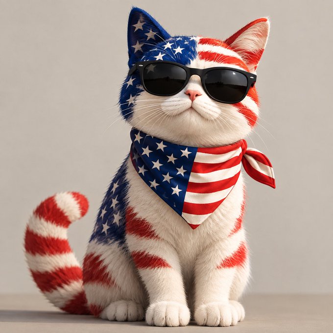A white cat decorated with American flag colors, wearing black sunglasses and a stars-and-stripes bandana, sitting against a gray background.