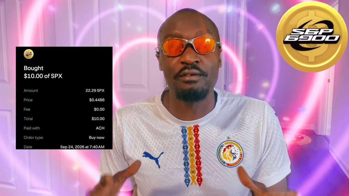 A bald man wearing orange-tinted sunglasses and a white Puma jersey stands in front of a pink heart-shaped neon light display, with a S&P 6900 crypto logo in the top right and an overlay showing a purchase of 22.29 SPX for $10.00 via ACH.