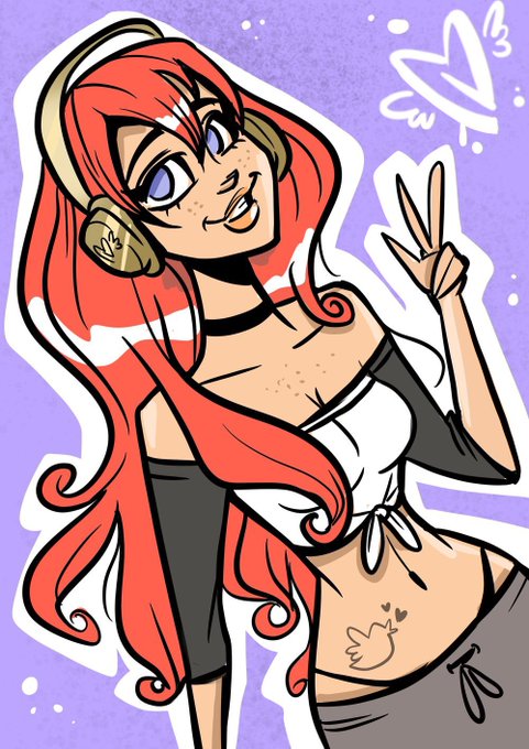 A cartoon-style illustration of a red-haired female character wearing headphones, a white crop top, and gray pants, making a peace sign with a doodle cat tattoo on her stomach.