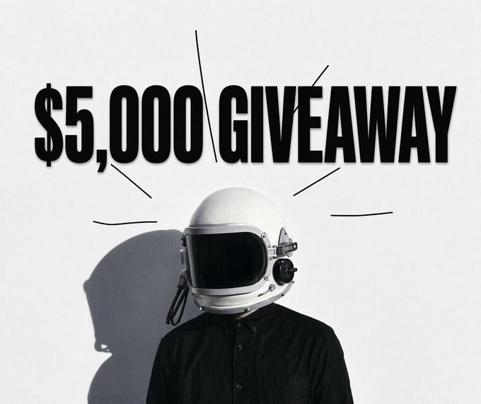 A person wearing an astronaut helmet stands beneath bold black text reading '$5,000 GIVEAWAY' against a white background.