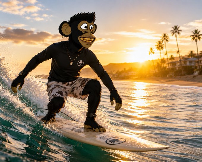 A 3D-rendered cartoon monkey character with a wide grin, wearing a black wetsuit top and patterned shorts, surfing on a wave at sunset with palm trees visible in the background.