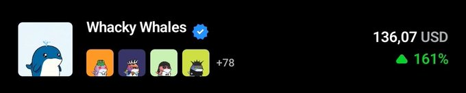 NFT collection profile for 'Whacky Whales' showing a floor price of 136.07 USD with a +161% increase, featuring a blue whale profile image and 78+ items in the collection.