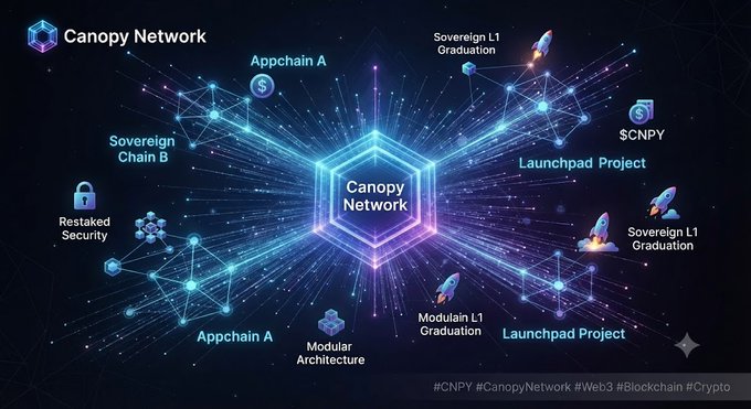 An infographic for 'Canopy Network' depicting a central glowing hexagon connected to various features like 'Appchain A', 'Sovereign Chain B', 'Restaked Security', 'Modular Architecture', 'Sovereign L1 Graduation', 'Launchpad Project', and '$CNPY'.
