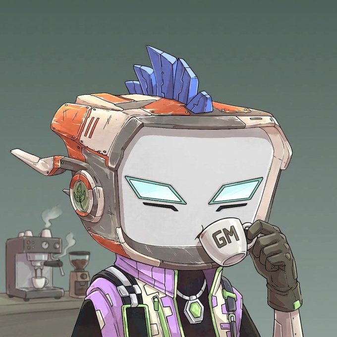 A digital illustration of a robot character with a mohawk, purple clothing, and glowing blue eyes, drinking from a white coffee mug labeled 'GM', with a coffee machine in the background.