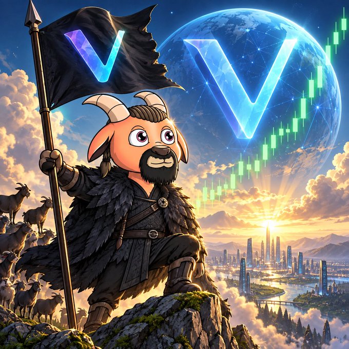 A fantasy illustration of a horned, bearded warrior in fur clothing holding a black flag with the VeChain 'V' logo, standing on a rocky peak with a glowing blue VeChain globe, green candlestick chart, and futuristic city in the background.