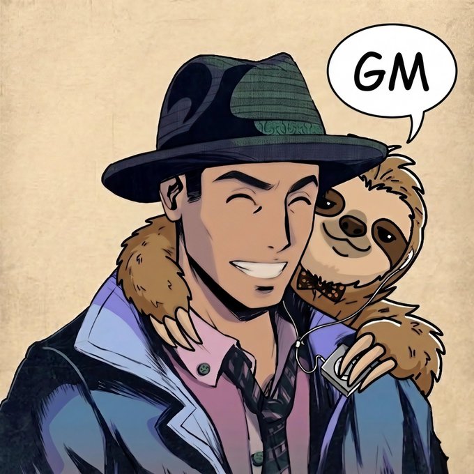 The image features a man wearing a hat, a bow tie, and a suit jacket, standing next to a sloth that has a microphone attached to its ear. The caption of the image reads "Big GM with Bombilla! Today is the mint day of @wonderbossnft!". This post seems to be related to a cartoon or comic strip featuring a man dressed in formal attire and a talking sloth, possibly as part of a humorous or whimsical story.