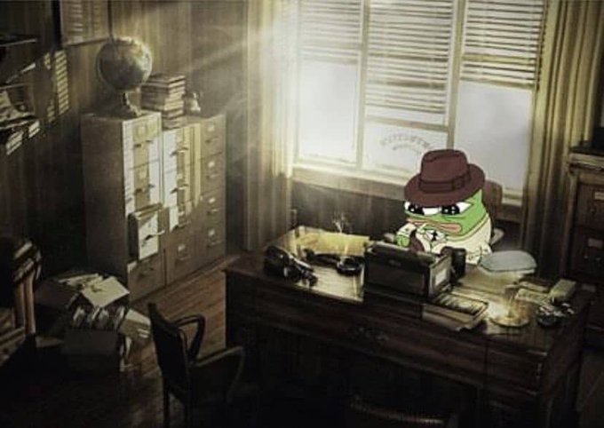 An illustrated scene of a Pepe the Frog character dressed as a 1940s detective wearing a fedora and trench coat, sitting at a wooden desk smoking a cigarette.
