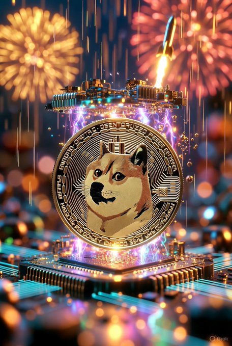 A vibrant, AI-generated image showing a Dogecoin coin featuring a Shiba Inu dog, floating above a futuristic microchip with fireworks and city lights in the background, marked with a Grok watermark.