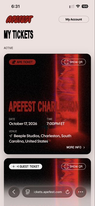 Screenshot of an APEFEST mobile ticket showing 'APEFEST CHARLESTON' on October 17, 2026 at 7:00 PM ET, venue Beeple Studios, Charleston, South Carolina.
