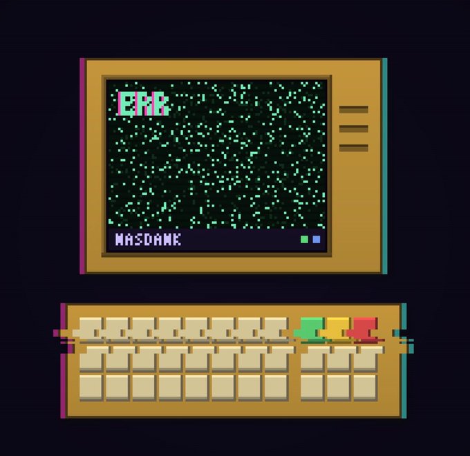 A pixel-art style retro computer with an old-school monitor displaying 'ERB' and 'MASDAME' on a static-filled screen, paired with a vintage keyboard below.