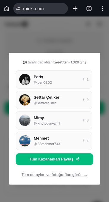 A screenshot from xpickr.com displays a Twitter giveaway winner list featuring @peri0200 (Periş, #1), @Settarceliker (Settar Celiker, #2), @kriptodunyam1 (Miray, #3), and @33mehmet733 (Mehmet, #4) with 1,328 entries, matching the four winners announced in the giveaway result post.