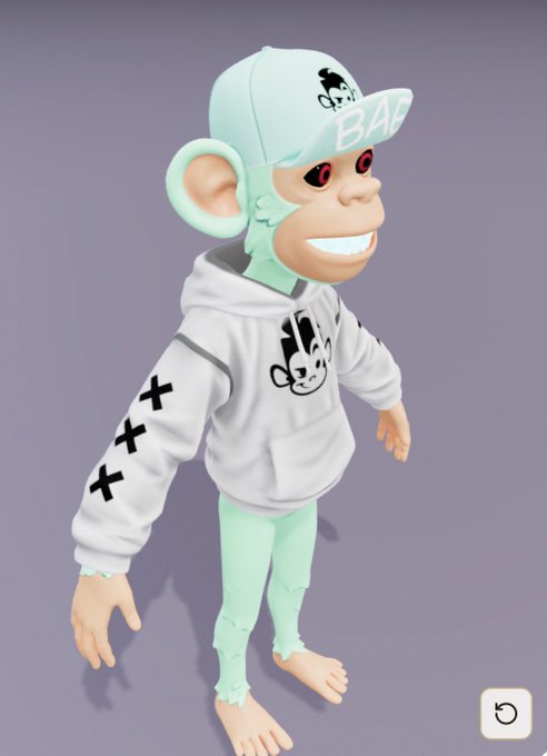 A 3D-rendered cartoon monkey character wears a light blue cap with 'BAF' text, a white hoodie with cross patterns, and light blue pants.
